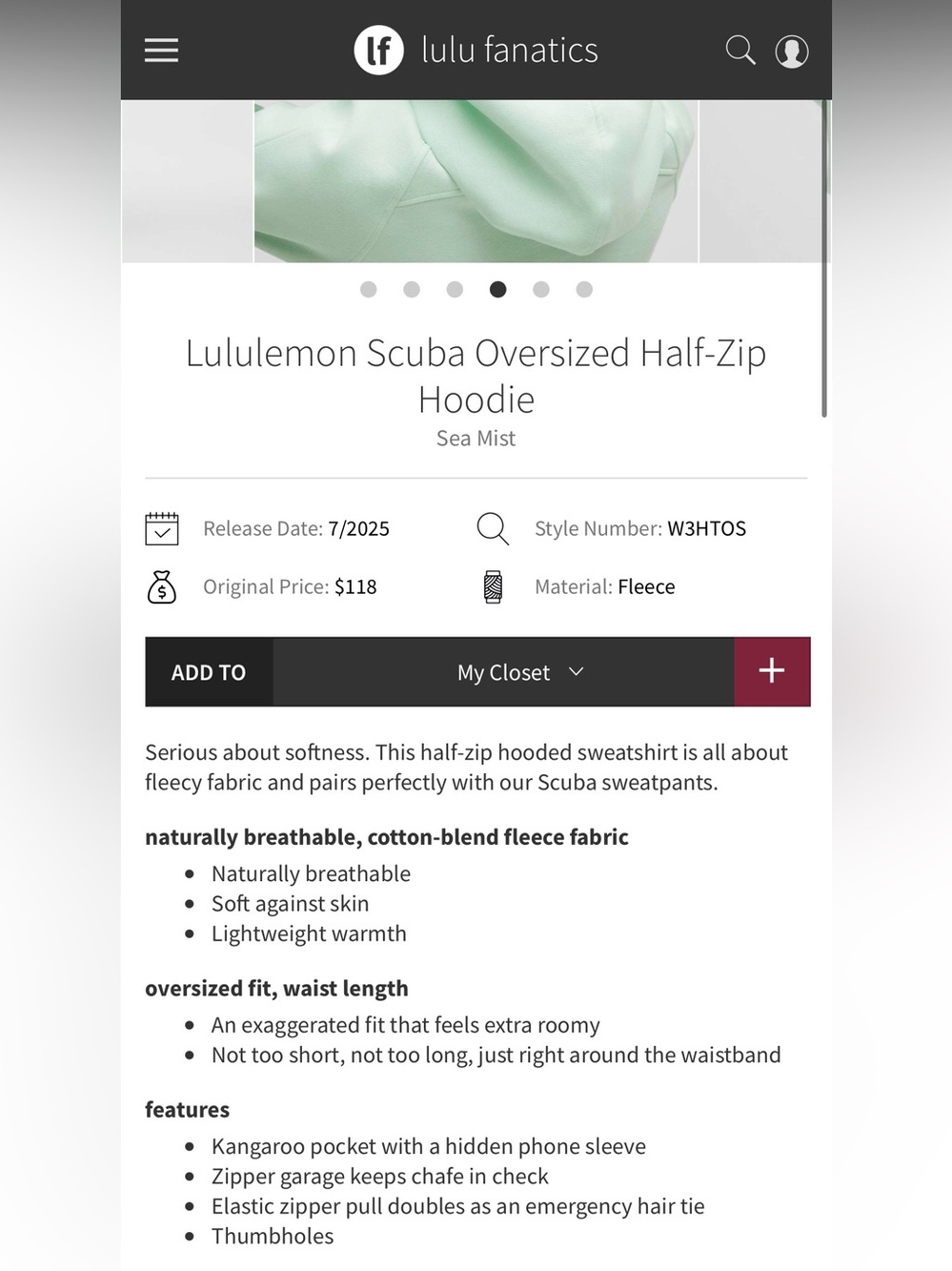 Lululemon Sea Mist Scuba Oversized Half-Zip Hoodie Size XL/XXL - Picture 7 of 7